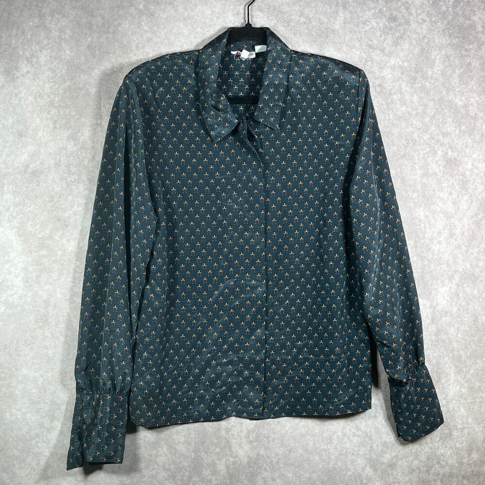 Vintage Jos A. Bank Blouse Women 8 Green Rope Print Button Up Long Sleeve Casual